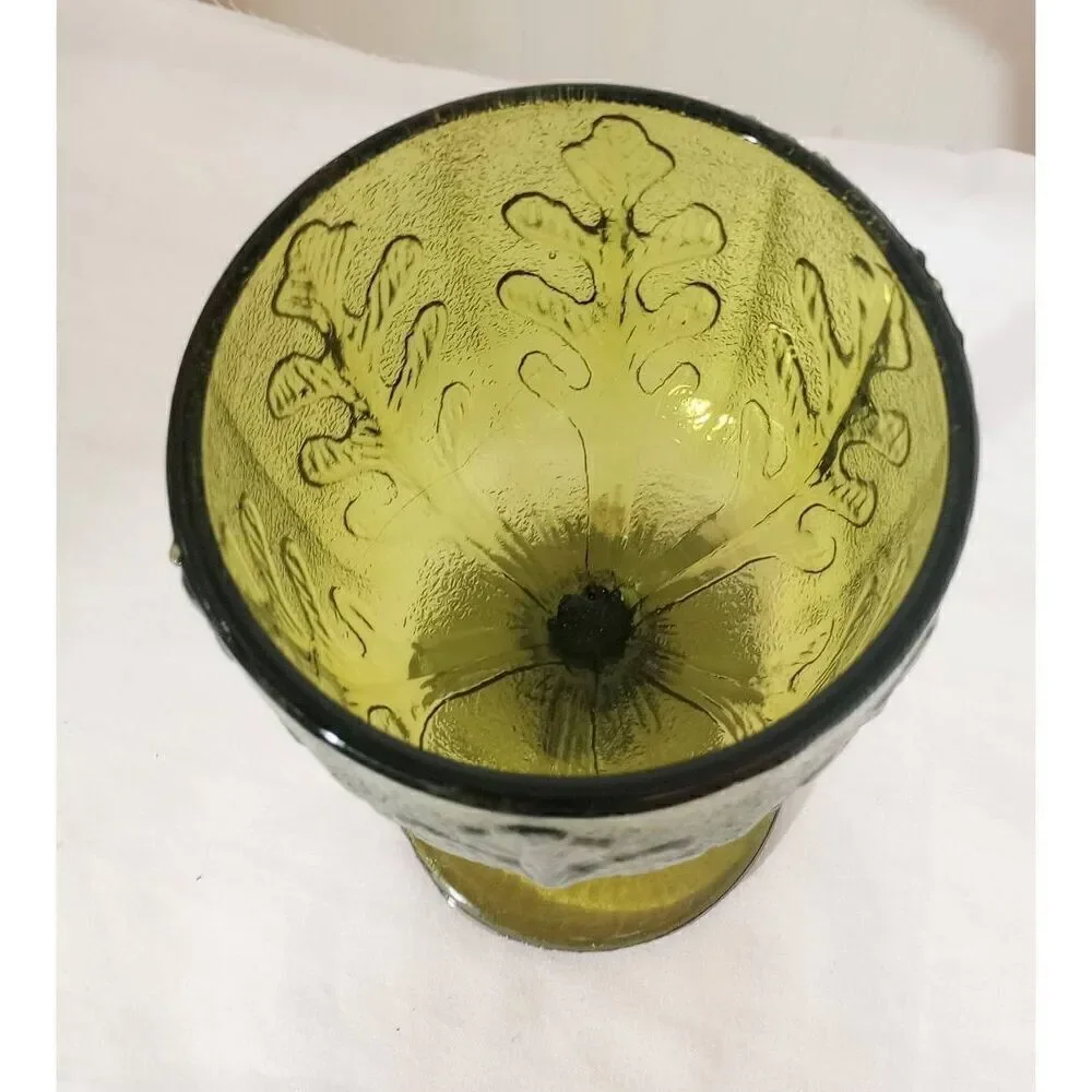 Vintage F.T.D green patterned glass vase, bowl candy dish, footed